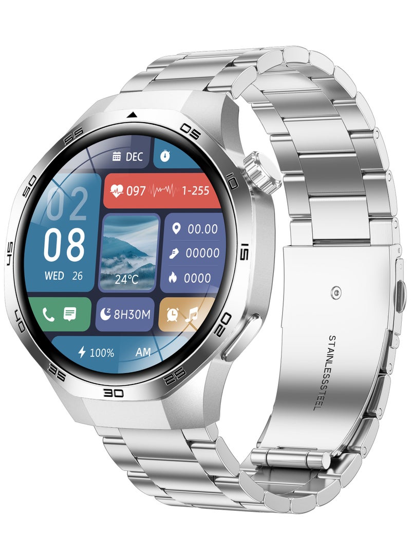 RollsTimi  Men's Smart Watch, Fashion Business Watch, 1.53-Inch High-Definition Screen, Bluetooth Call(Answer/Make), NFC Access Function, Voice Assistant, Health Monitoring, Waterproof Sports Watch, WATCH5MAX Steel Band Silver - Image 1