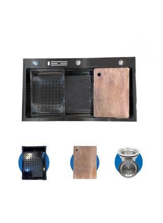 Handmade kitchen sink, 70 x 45 cm, thickness 3.3 mm, including cup washer, drainer, wood, drainer, and filter faucet