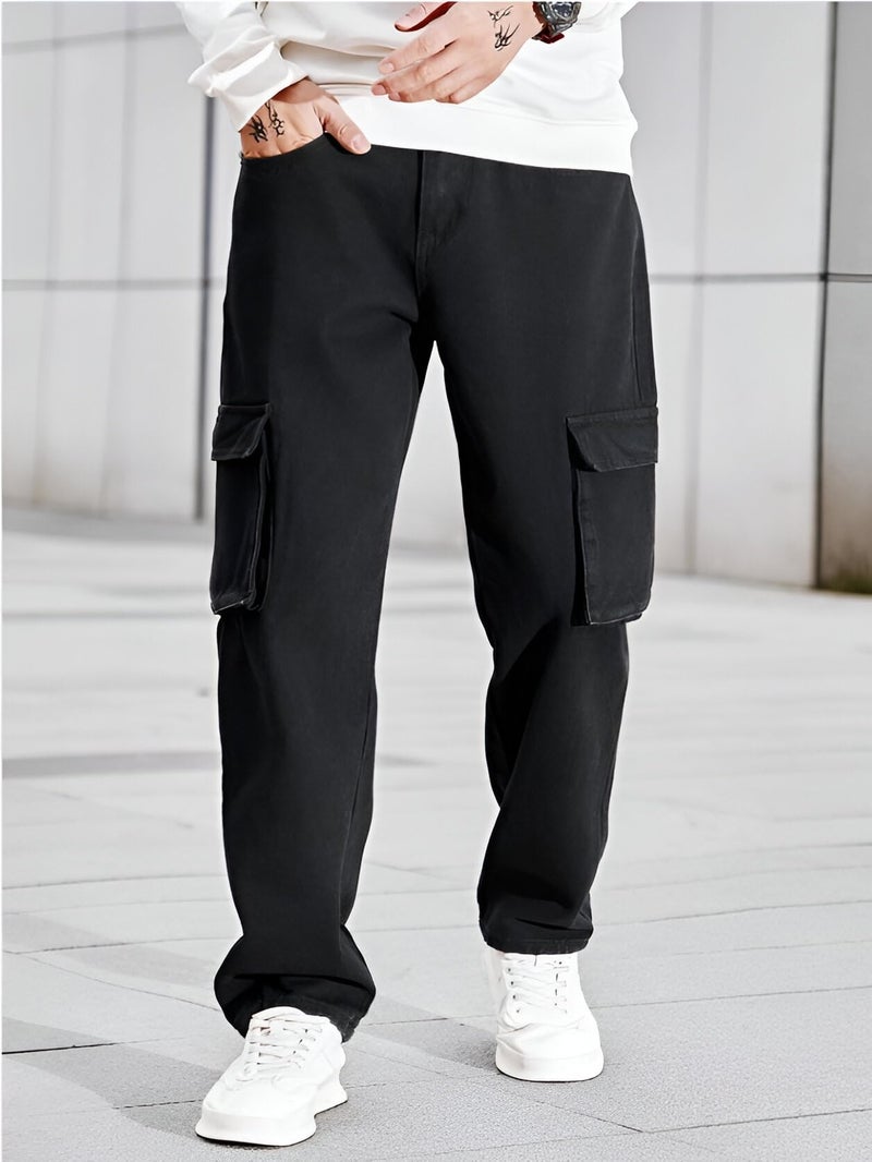 Ben Martin Men's Baggy Cargo Jeans || Oversized Loose Fit Wide Leg Denim Pants || Stretchable Roomy Pocket Casual Style || Black High Rise Jeans Size 30 - Image 2
