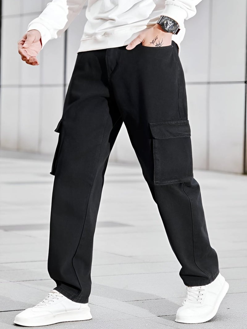 Ben Martin Men's Baggy Cargo Jeans || Oversized Loose Fit Wide Leg Denim Pants || Stretchable Roomy Pocket Casual Style || Black High Rise Jeans Size 30 - Image 4
