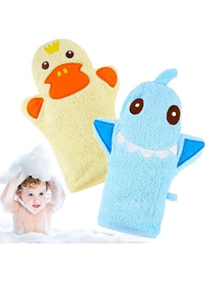 Shappy 2 Pieces Baby Bath Mitt Washcloths with Cute Animal Designs Yellow Duck Shark Cotton Towel Gentle Soft Scrub for Toddler Bath and Shower - Image 1