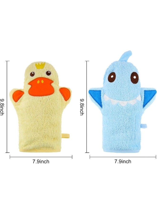 Shappy 2 Pieces Baby Bath Mitt Washcloths with Cute Animal Designs Yellow Duck Shark Cotton Towel Gentle Soft Scrub for Toddler Bath and Shower - Image 2