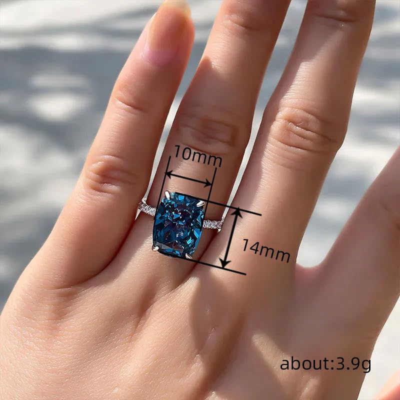 ZDIFDIC Square-Cut Blue Topaz Halo Cubic Zirconia CZ Engagement Rings Wedding Party Statement Cocktails Classic Sapphire 925 Sterling Silver Solitaire Diamond Anniversary Promise Ring For Women Size 6 - Image 3