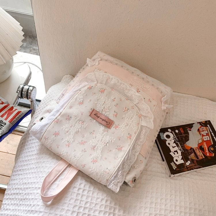 Cute Girl Backpack Womens Mori Style Small Flower Bag Cat Lace Casual Portable Casual Commuter Backpack light pink flower 