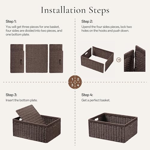 joybest Dark Brown Wicker Baskets for Shelves 134L x 83W x 71H inch Handwoven Storage Baskets for Pantry Organizing Foldable Rectangular Bin with Handles 2pack - Image 3
