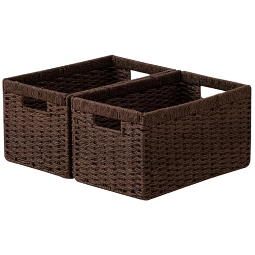 joybest Dark Brown Wicker Baskets for Shelves 134L x 83W x 71H inch Handwoven Storage Baskets for Pantry Organizing Foldable Rectangular Bin with Handles 2pack - Image 1