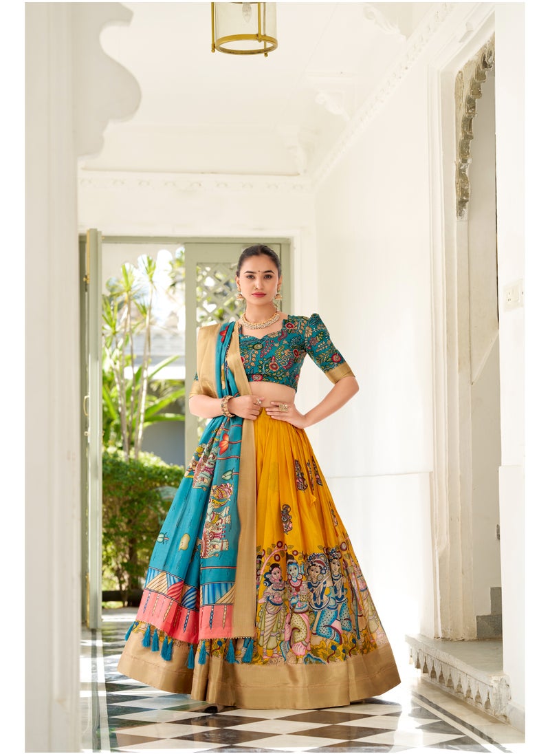 Super Asian Elegant Dola Silk Kalamkari Lehenga Choli Set with Tassel Dupatta | Traditional Festive Wear  - Image 1