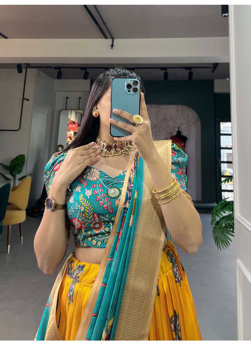 Super Asian Elegant Dola Silk Kalamkari Lehenga Choli Set with Tassel Dupatta | Traditional Festive Wear  - Image 2