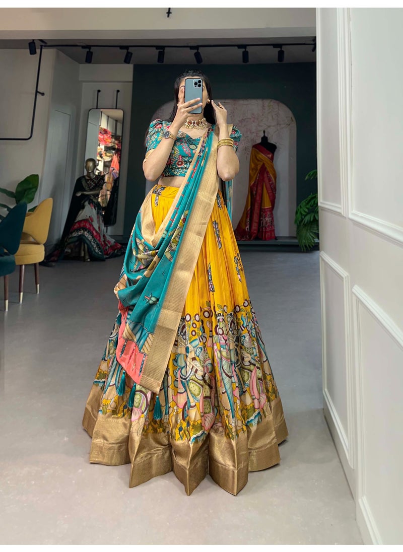 Super Asian Elegant Dola Silk Kalamkari Lehenga Choli Set with Tassel Dupatta | Traditional Festive Wear  - Image 4