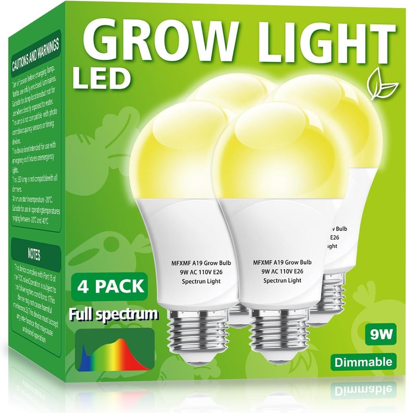 mfxmf 4 Pack LED Grow Light Bulbs A19 Bulb, Full Spectrum Plant Light Bulb, 9W E26 Grow Bulb Replace up to 80W, Grow Light for Indoor Plants, Flowers, Greenhouse, Indore Garden, Hydroponic - Image 1