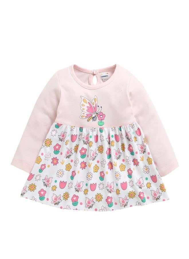 BUMZEE Baby Girls Cotton Full Sleeves Knee Length Fit & Flare Dress Pink & White - 3-6 Months (Peb10917B-pnk) - Image 1