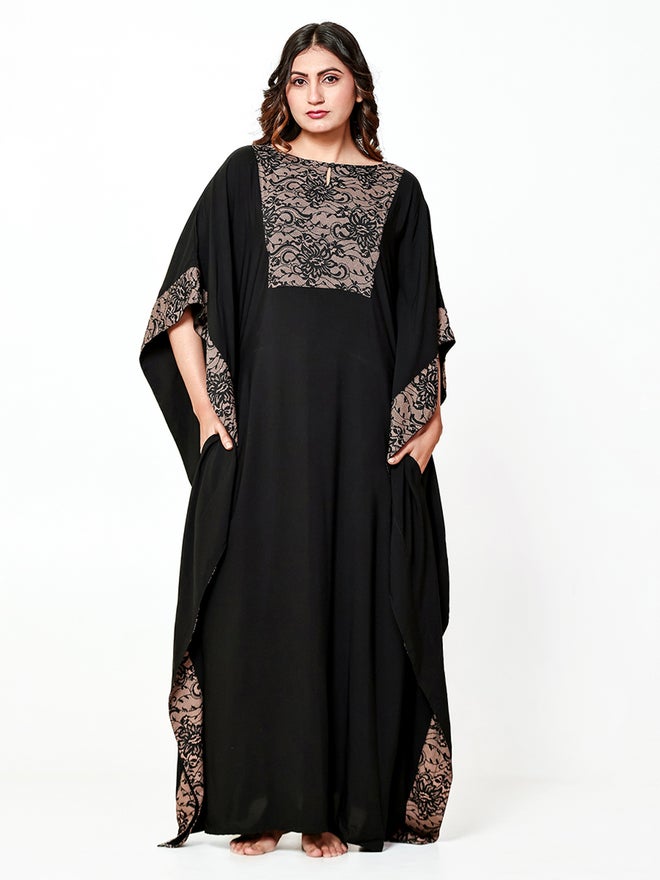 The Kaftan Company Black Printed Panel Kaftan Nightdress - Image 1