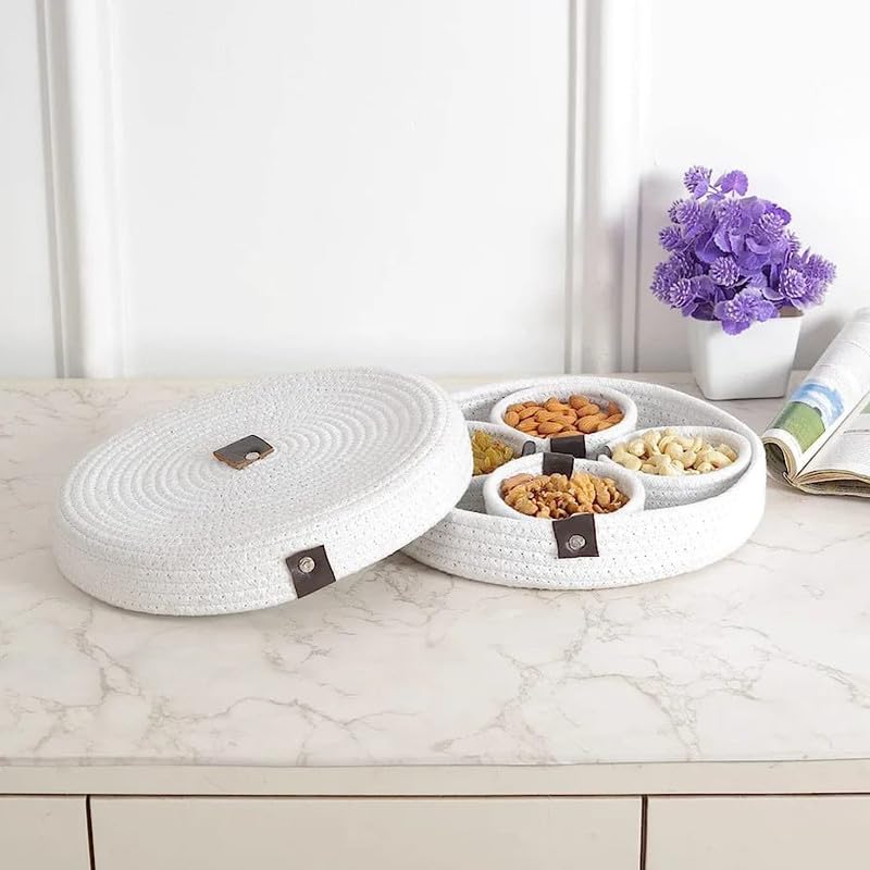 Wish Cart Home WISH CART HOME Jute Natural Handmade Rope Dry Fruit Container Tray for Your Home & Kitchen (1 Lower Tray, 4 Bowl 1 Tray Cover) - White  - Image 2