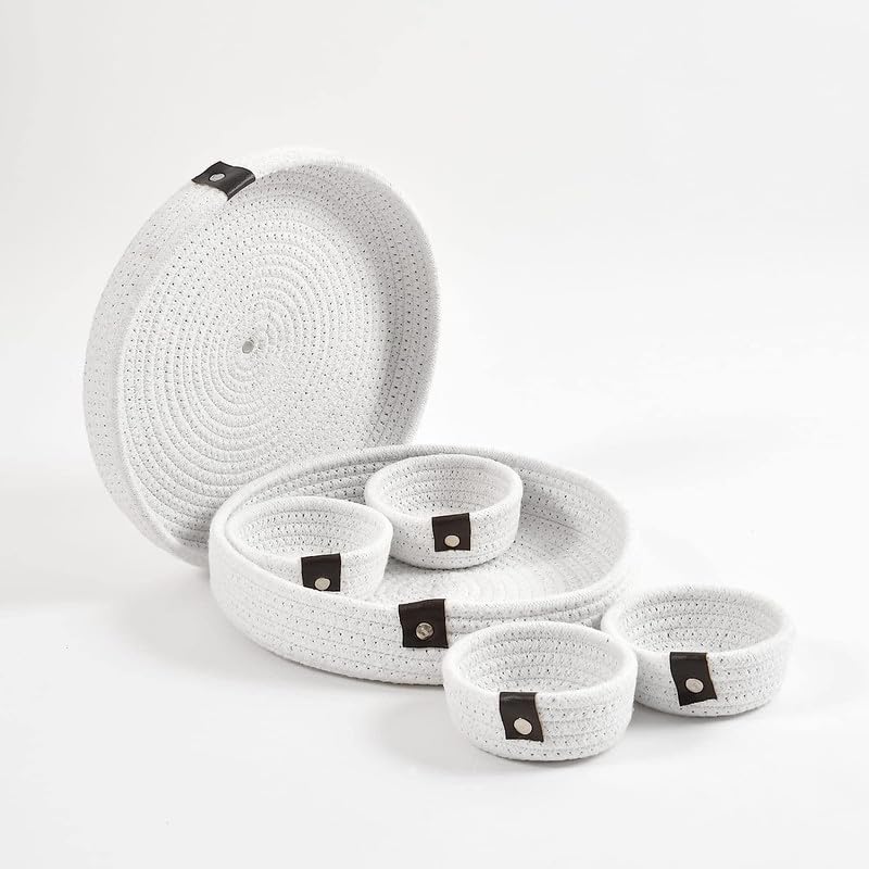 Wish Cart Home WISH CART HOME Jute Natural Handmade Rope Dry Fruit Container Tray for Your Home & Kitchen (1 Lower Tray, 4 Bowl 1 Tray Cover) - White  - Image 1