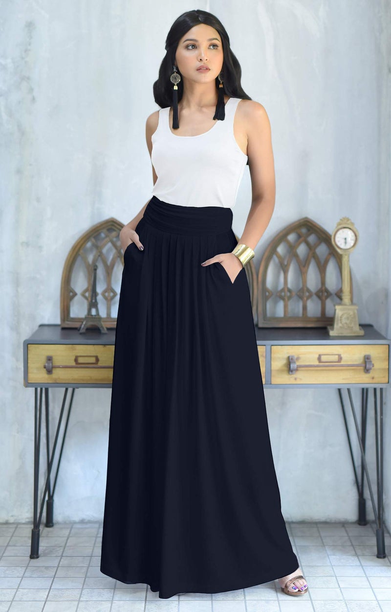 KOH KOH Womens Long Flowy Cute Modest High Empire Waist Full Floor Length Pockets Casual Formal Vintage Slimming Work Wear Office Tall Maxi Skirt Skirts Navy Blue M 8-10 - Image 2