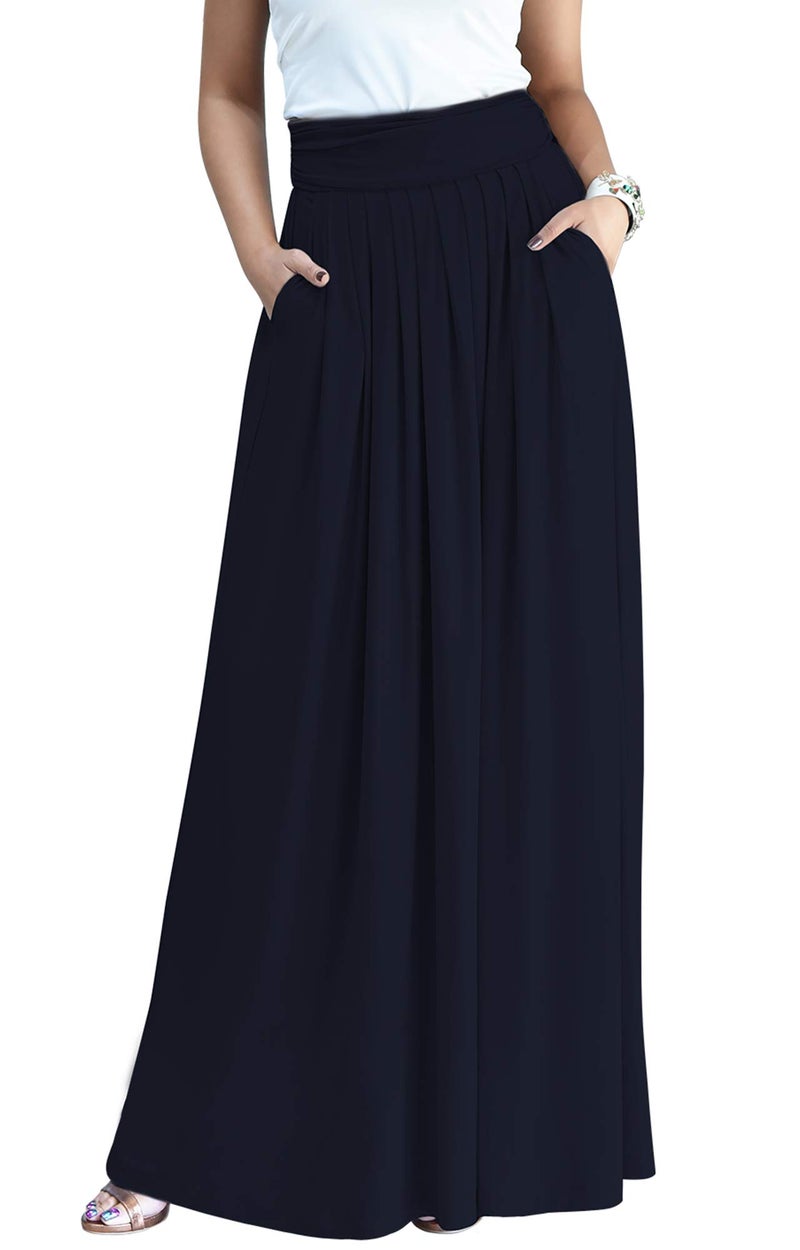 KOH KOH Womens Long Flowy Cute Modest High Empire Waist Full Floor Length Pockets Casual Formal Vintage Slimming Work Wear Office Tall Maxi Skirt Skirts Navy Blue M 8-10 - Image 1