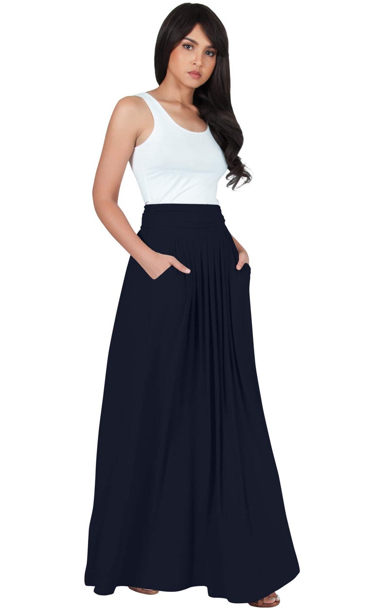 KOH KOH Womens Long Flowy Cute Modest High Empire Waist Full Floor Length Pockets Casual Formal Vintage Slimming Work Wear Office Tall Maxi Skirt Skirts Navy Blue M 8-10 - Image 4