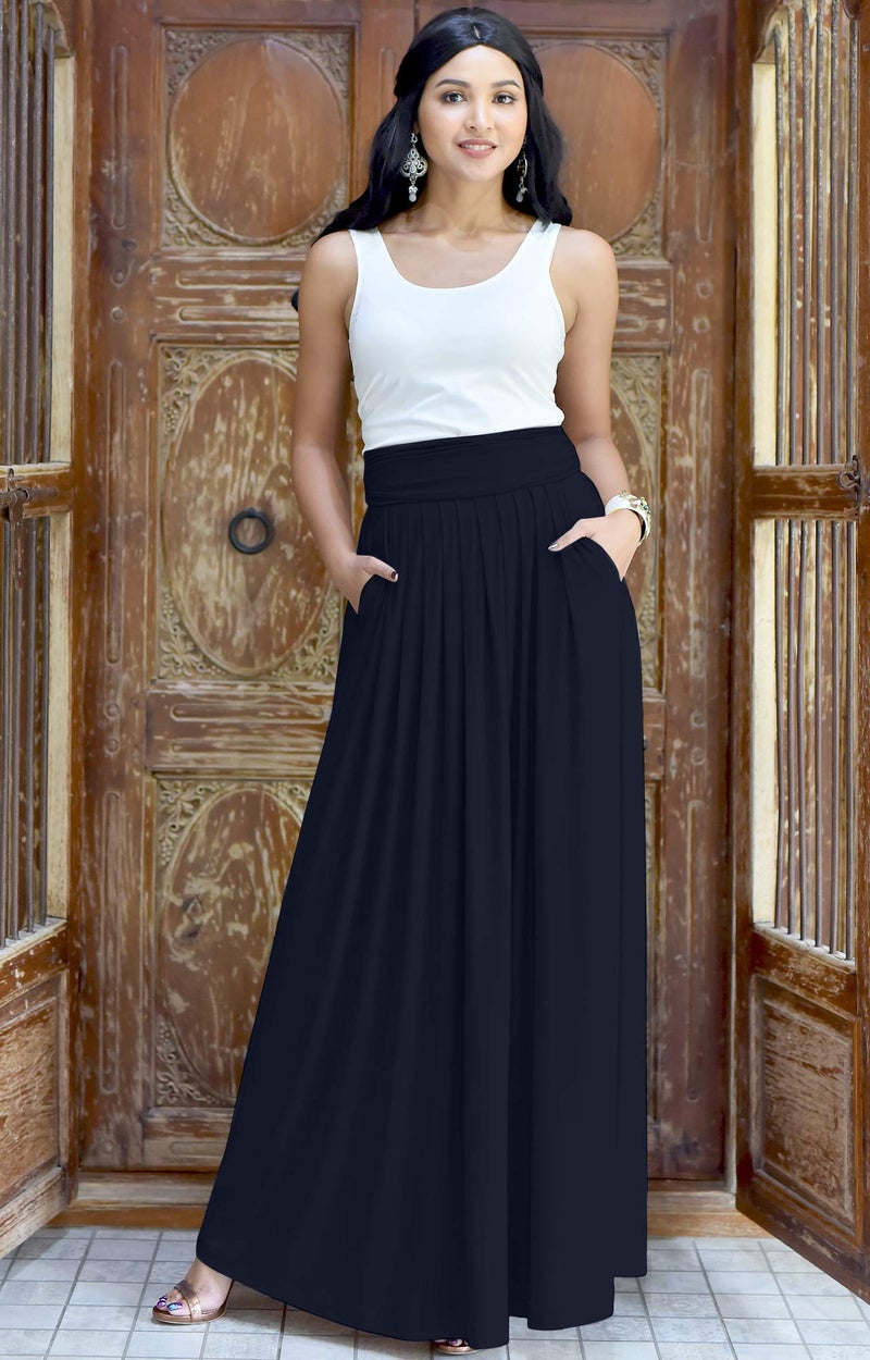 KOH KOH Womens Long Flowy Cute Modest High Empire Waist Full Floor Length Pockets Casual Formal Vintage Slimming Work Wear Office Tall Maxi Skirt Skirts Navy Blue M 8-10 - Image 3