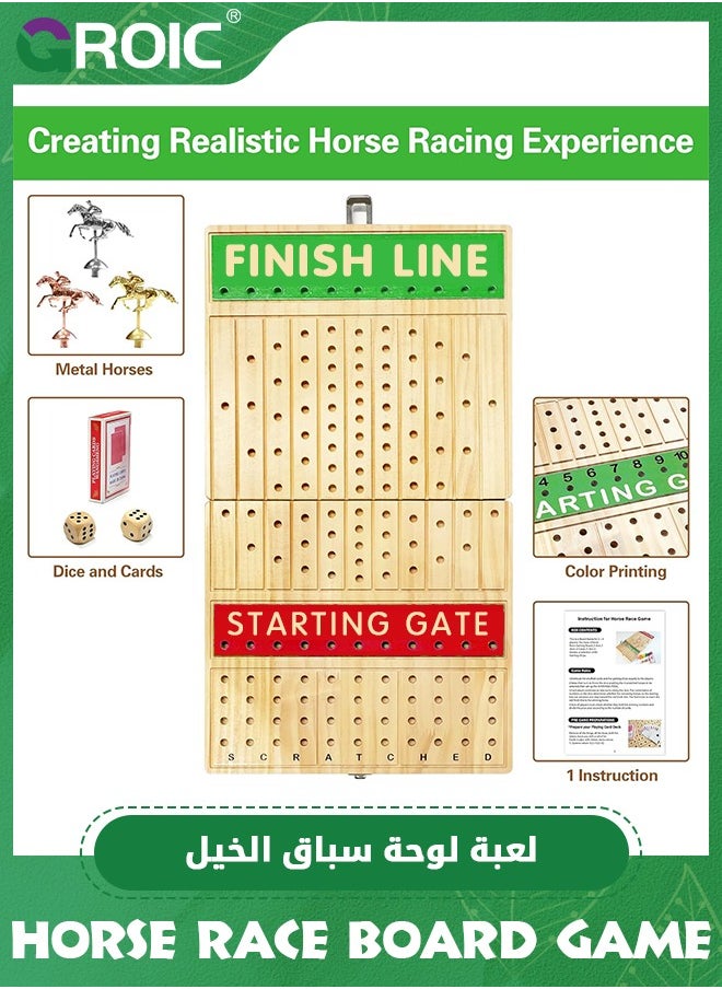 GROIC Horse Racing Board Game, 23.2 Inches Solid Wood Horse Race Card and Dice Board Game, Luxury Set with 11 Metal Horses, Dices and 2 Boxes of Cards, Family Tabletop Game Solid Wood Horse Racing Game  - Image 2