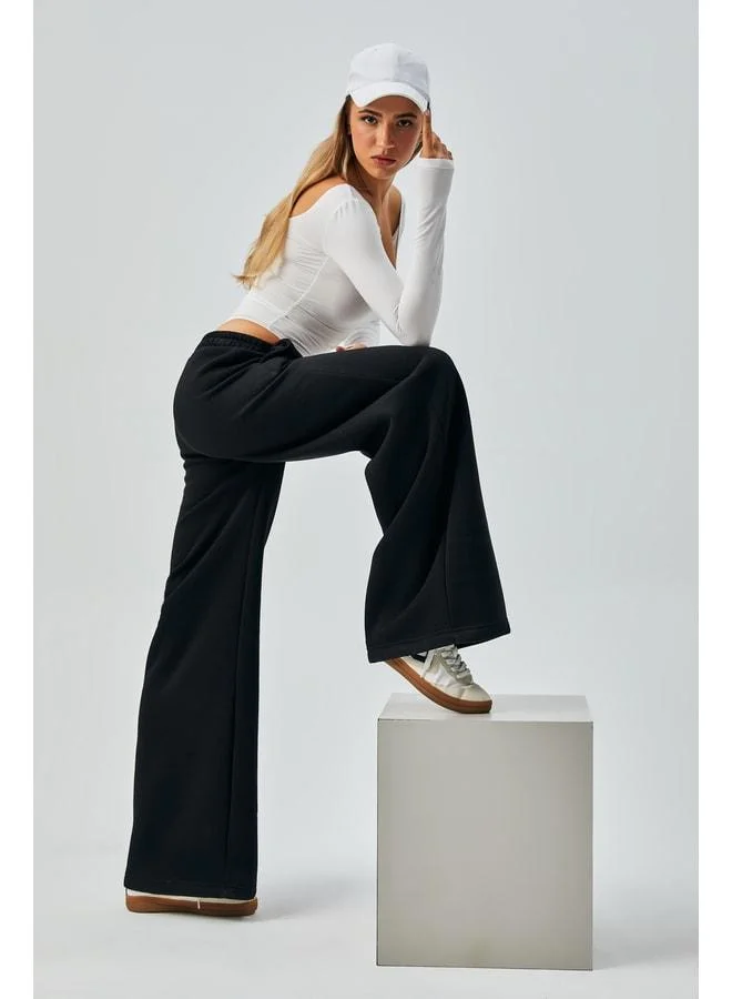 mina aise Black Wide-Cut Elastic Waist Sharded Sweatpants 26237