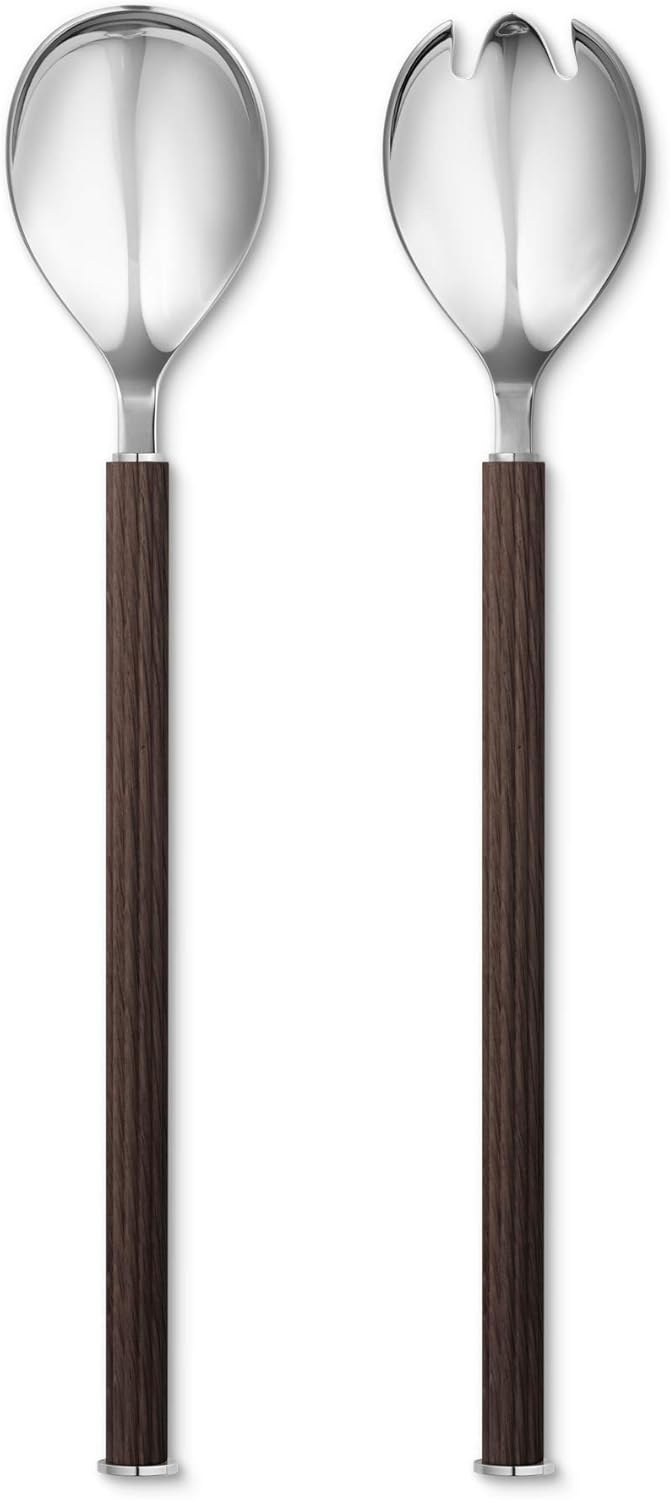 Georg Jensen طقم سلطة جورج جنسن برنادوت من الفولاذ المقاوم للصدأ مع ملاعق تقديم بمقابض من البلوط المدخن بتصميم مستوحى من سيغفارد برنادوت - Image 1