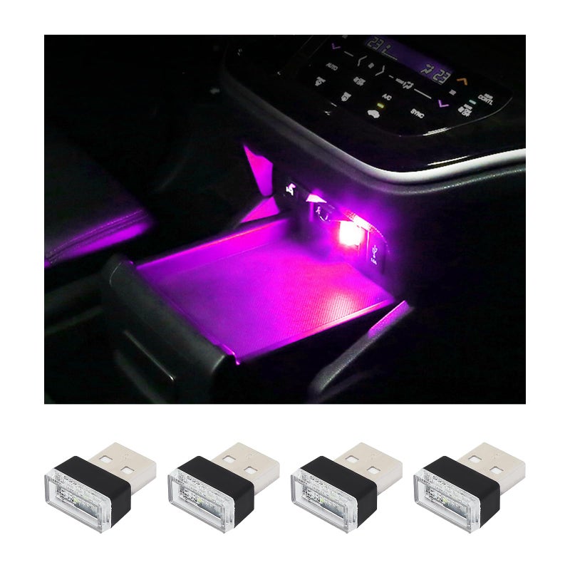Augeny 4 PCS USB LED Car Interior Atmosphere Lamp Plugin USB Decor Night Light Portable Auto Ambient Lighting Kit Universal Vehicle Interior Accessories for Most Cars Purple