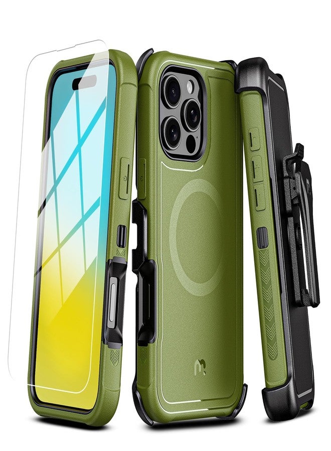 جراب M MYBAT PRO Maverick Series لهاتف iPhone 16 Pro Max مع مشبك حزام، [متوافق مع Magsafe] مع واقي شاشة، مقاوم للسقوط والصدمات، مسند قابل للدوران 360 درجة، حماية فائقة، لون أخضر عسكري - Image 1