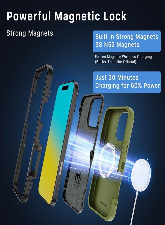 جراب M MYBAT PRO Maverick Series لهاتف iPhone 16 Pro Max مع مشبك حزام، [متوافق مع Magsafe] مع واقي شاشة، مقاوم للسقوط والصدمات، مسند قابل للدوران 360 درجة، حماية فائقة، لون أخضر عسكري - Image 3