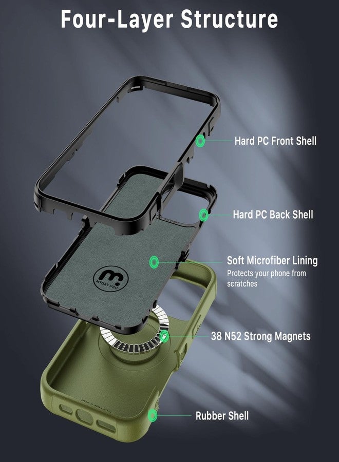 جراب M MYBAT PRO Maverick Series لهاتف iPhone 16 Pro Max مع مشبك حزام، [متوافق مع Magsafe] مع واقي شاشة، مقاوم للسقوط والصدمات، مسند قابل للدوران 360 درجة، حماية فائقة، لون أخضر عسكري - Image 4