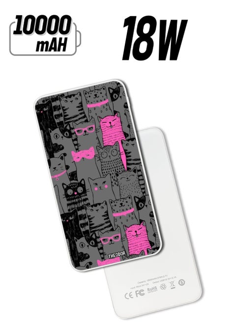 10,000 mAh Super Fast Charging Ultra Compact Power Bank with Quick Charge & Power Delivery, Portable Charger For iPhone and Android Pink Cats