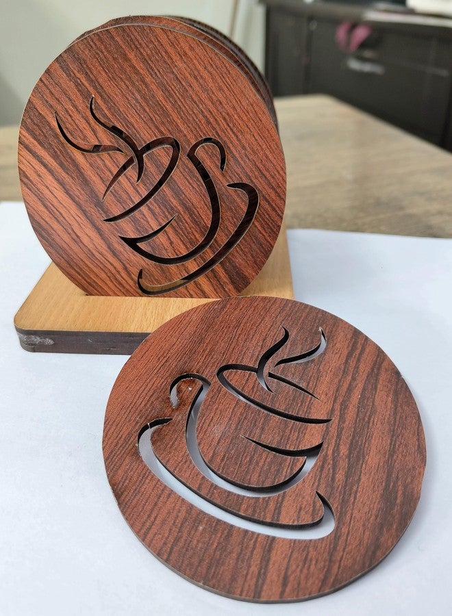 WallDaddy Coaster Set of 6 for Dining Table MDF Coaster Set Wooden Coaster for Office Table | Coaster Set for Restaurant | Tea & Coffee Pattern Coaster Set with Stand - Image 3