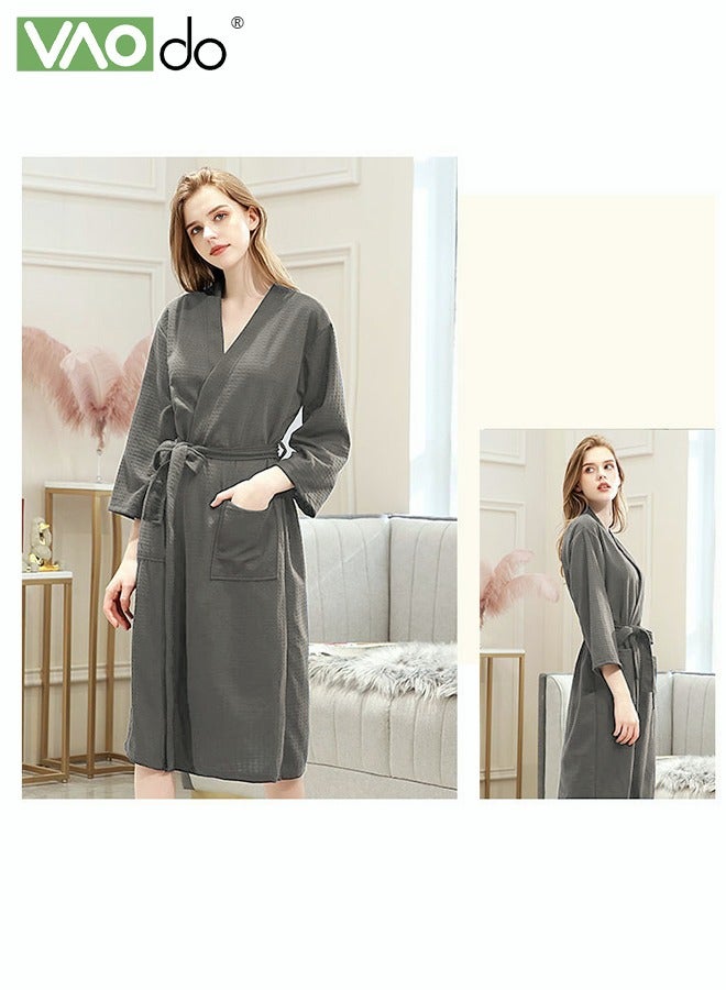 فاو دو رداء حمام نسائي من نسيج الوافل، رداء كيمونو خفيف فائق الامتصاص، ملابس منزلية لطيفة على البشرة، ثوب نوم مناسب للحمام والفندق والمنتجع الصحي والسباحة، رمادي - Image 4