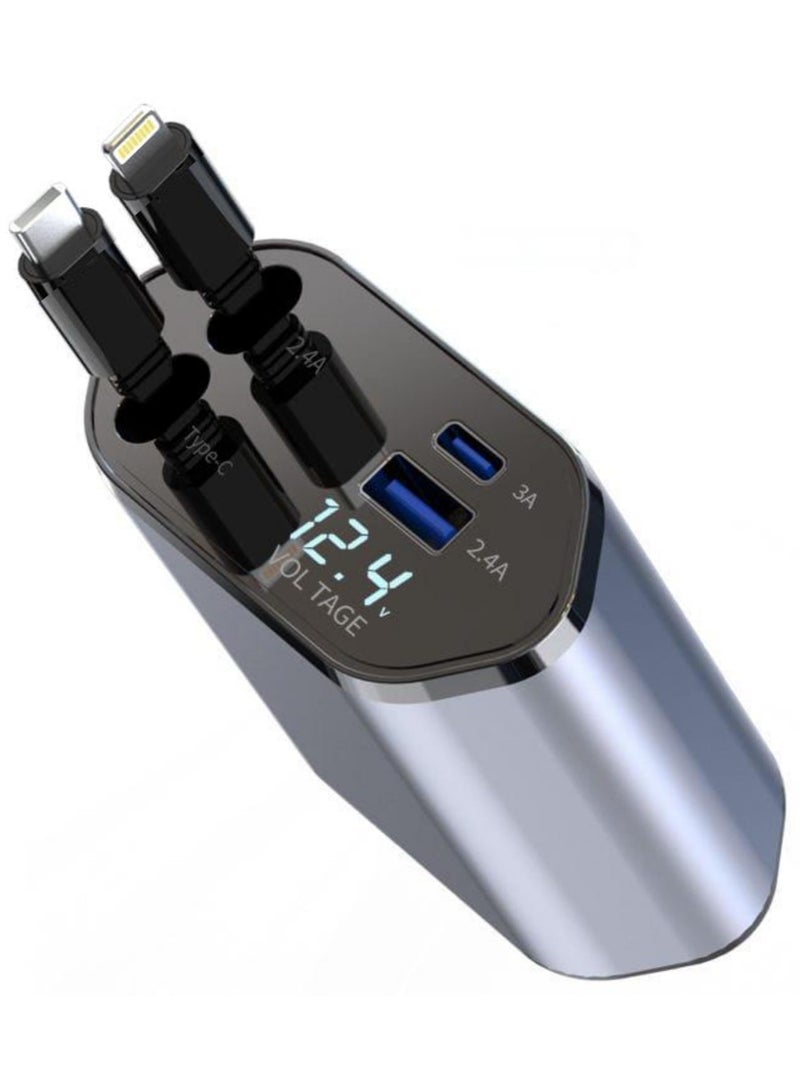 Generic 4-in-1 120W Fast Car Charger with Retractable Charging Cable,Fast Car Charger with Extendable 80cm Cable, Car Charger Fast Charging,USB & Type-C Ports - Compatibility for Phone 16/15/14/13/12/11, More -Adjustable 180° Plug, Tangle-Free Design, Ideal For Dashboard Mounting, Car Charger Fast Charge  - Image 1