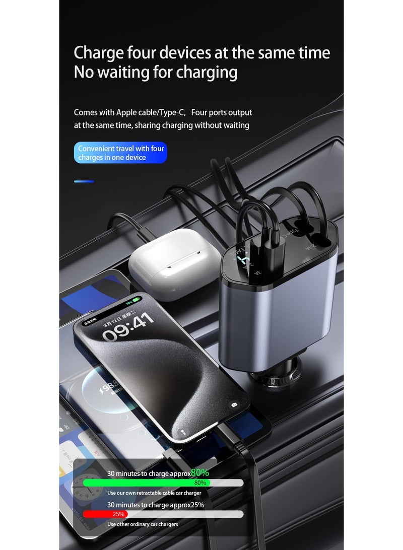 Generic 4-in-1 120W Fast Car Charger with Retractable Charging Cable,Fast Car Charger with Extendable 80cm Cable, Car Charger Fast Charging,USB & Type-C Ports - Compatibility for Phone 16/15/14/13/12/11, More -Adjustable 180° Plug, Tangle-Free Design, Ideal For Dashboard Mounting, Car Charger Fast Charge  - Image 4