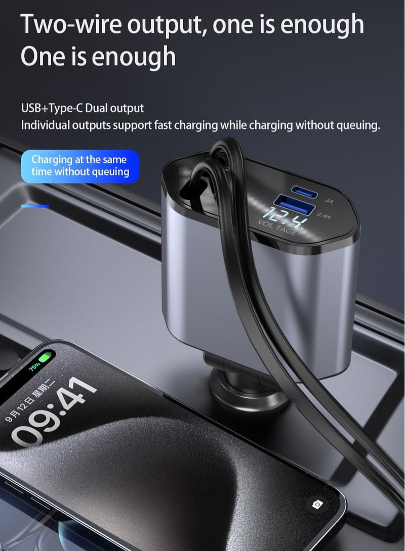 Generic 4-in-1 120W Fast Car Charger with Retractable Charging Cable,Fast Car Charger with Extendable 80cm Cable, Car Charger Fast Charging,USB & Type-C Ports - Compatibility for Phone 16/15/14/13/12/11, More -Adjustable 180° Plug, Tangle-Free Design, Ideal For Dashboard Mounting, Car Charger Fast Charge  - Image 5