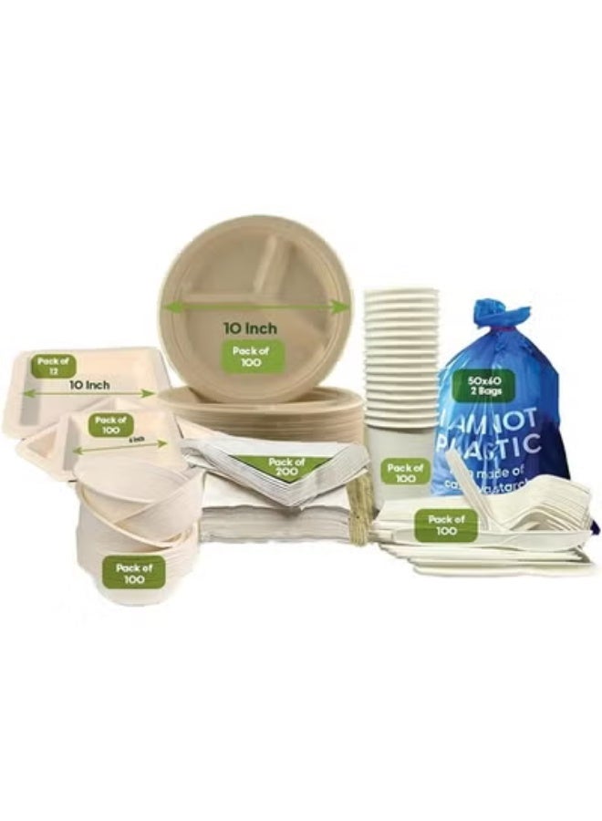 ايكواي ecoway Disposable Dinner Set Specially For Ramadan Biodegradable Ecofreindly Sugar Cane Plate, Paper Bowls, Cups, Cutlery Set, Garbage Bag and Tissue For 100 Pepole - Image 1