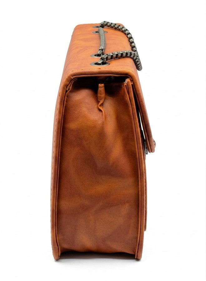 KRIFTY Faux Leather Sling Bag with Chain Handle and Flap Closure For Women's/Girls (Brown) - Image 5