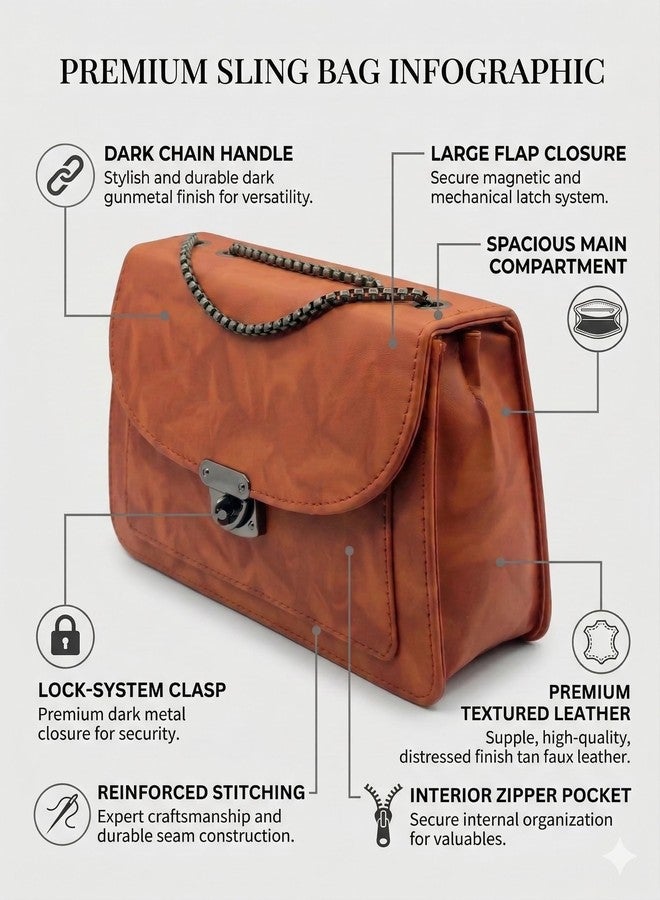 KRIFTY Faux Leather Sling Bag with Chain Handle and Flap Closure For Women's/Girls (Brown) - Image 2