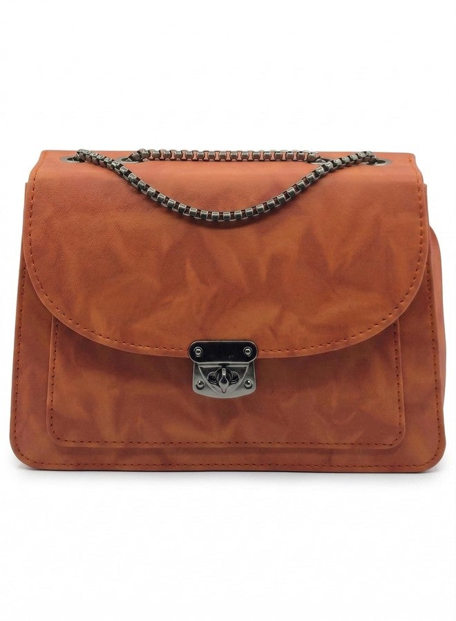 KRIFTY Faux Leather Sling Bag with Chain Handle and Flap Closure For Women's/Girls (Brown) - Image 1