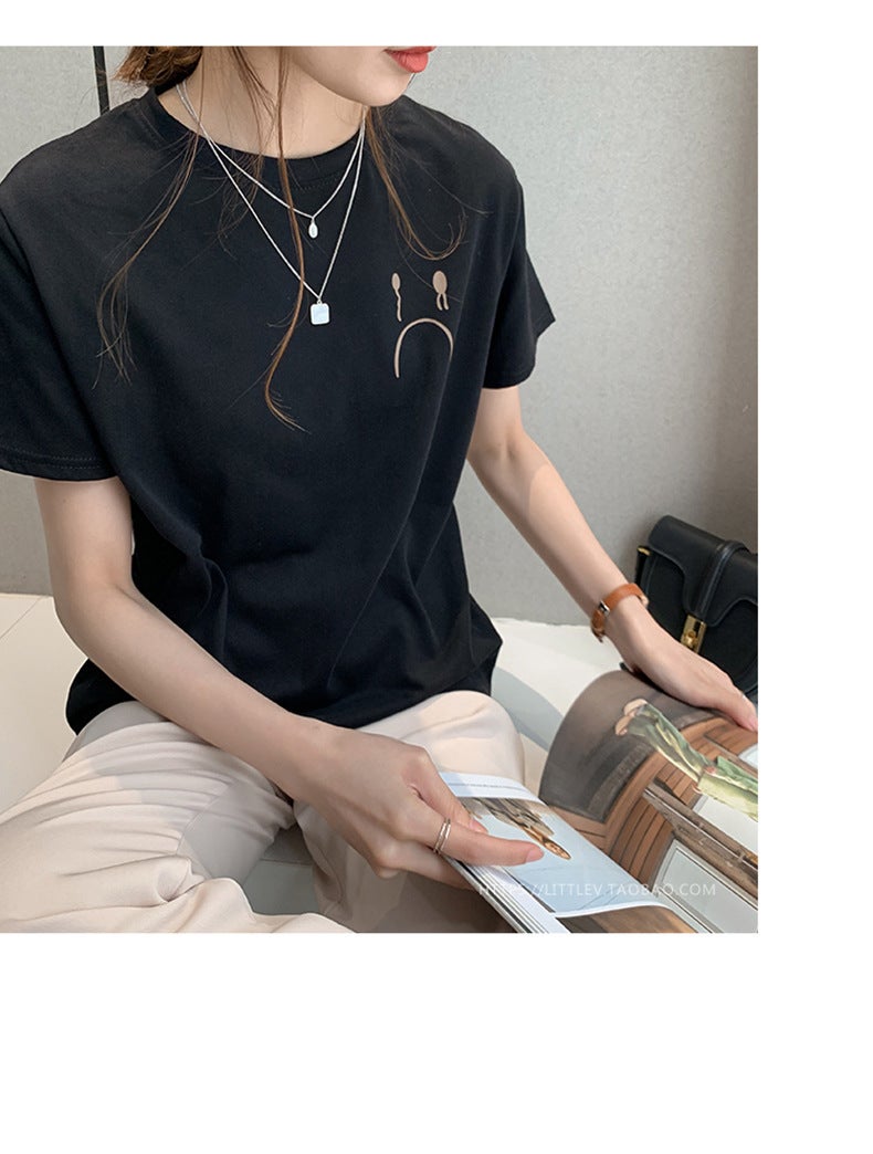 Short-Sleeved T-Shirt for Women 2025 Summer New Korean Style Student Printed Round Neck Top Loose Half-Sleeve T-Shirt Base Shirt - Image 1