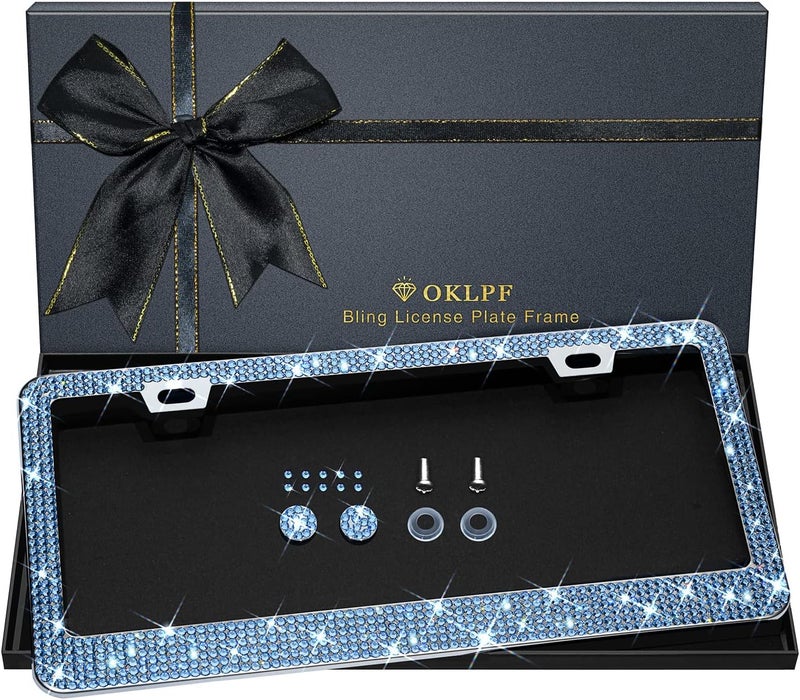 OKLPF Bling License Plate Frame for Women - Sparkly Light Blue Rhinestone Frame with Glitter Diamond Box - Image 1