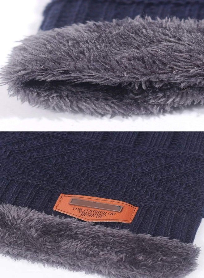 REFFER Winter Woolen Stylish Beanie Cap Scarf Set (Fur Inside) for Men and Women Stretch Warm Fleece Lining Winter Cap Dark Blue - Image 3
