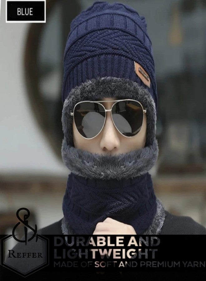 REFFER Winter Woolen Stylish Beanie Cap Scarf Set (Fur Inside) for Men and Women Stretch Warm Fleece Lining Winter Cap Dark Blue - Image 2