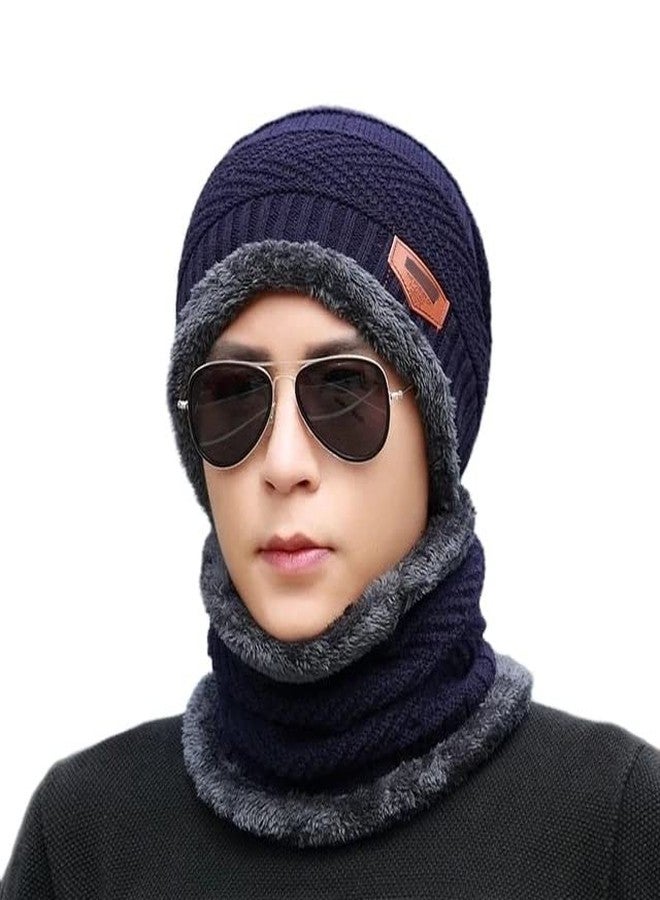 REFFER Winter Woolen Stylish Beanie Cap Scarf Set (Fur Inside) for Men and Women Stretch Warm Fleece Lining Winter Cap Dark Blue - Image 1