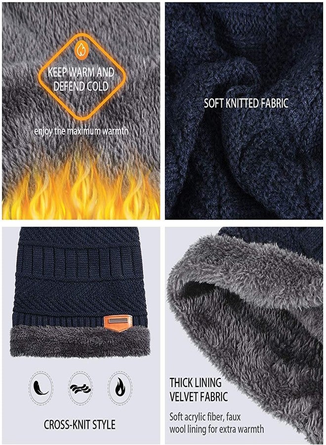 REFFER Winter Woolen Stylish Beanie Cap Scarf Set (Fur Inside) for Men and Women Stretch Warm Fleece Lining Winter Cap Dark Blue - Image 4