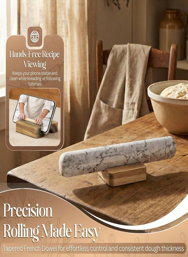 Flexzion French Rolling Pin, 12 Inch White Marble Rolling Pins for Baking with Wooden Base Holder Stand - Non-Stick Baking Roller for Baking Fondant, Crust, Pastry, Cookies, Pizza, Pasta - Image 4