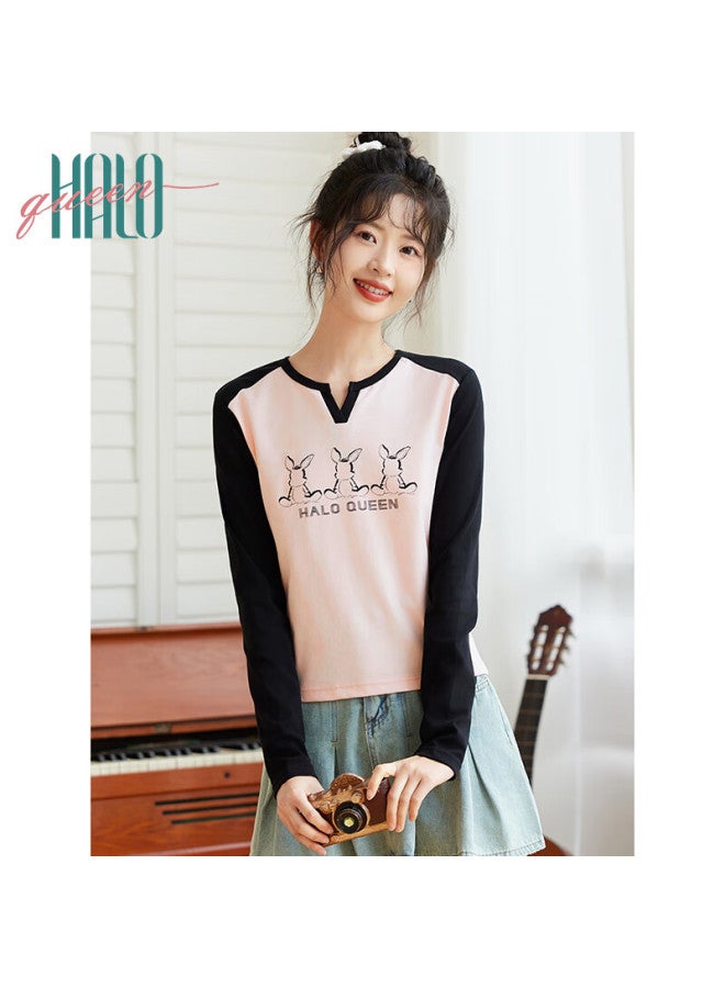 HALOQUEEN Halo Queen Long-sleeve T-shirt For Women, Wilderness Maillard Style Spring And Autumn Raglan Sleeve Rabbit Base Shirt Casual New Product H143t2017 - Image 1