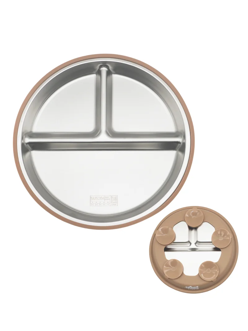 Babies Basic Babies Basic Stainless Steel plate with suction for Kids, Brown