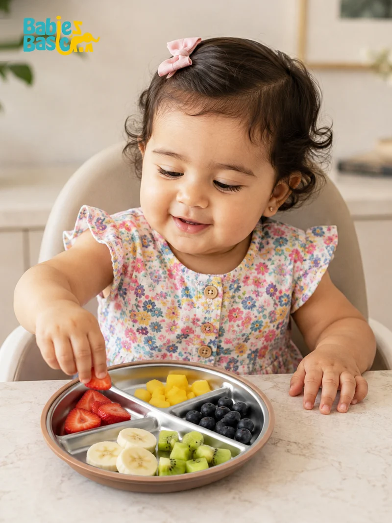Babies Basic Babies Basic Stainless Steel plate with suction for Kids, Brown
