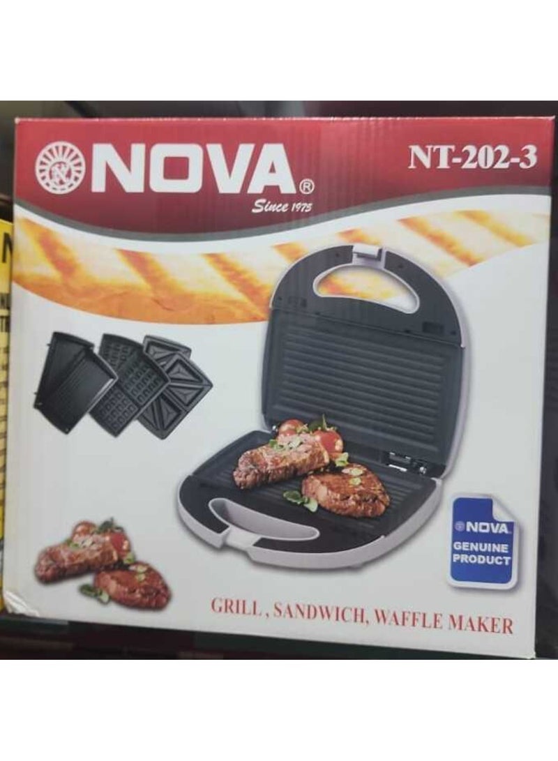 NOVA Nova NT-202-3 3-in-1 Grill, Sandwich & Waffle Maker – Non-Stick Plates, Interchangeable Plates, Cool Touch Handle – 750W 